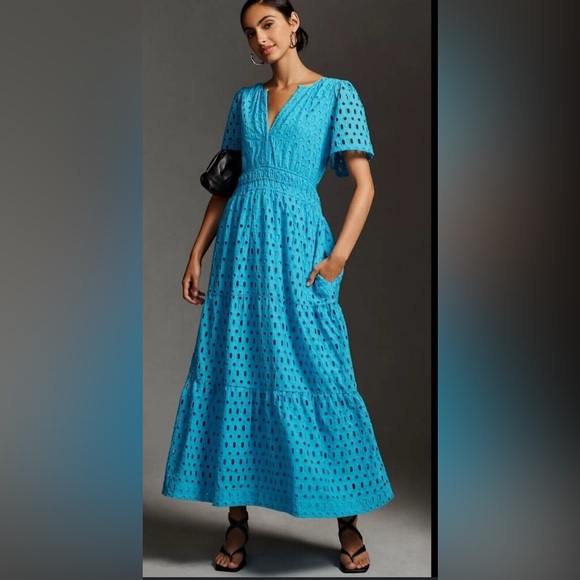 Anthropologie Somerset Blue Eyelet Maxi Dress Two Tiered Short Sleeve V-Neck L - Picture 1 of 8
